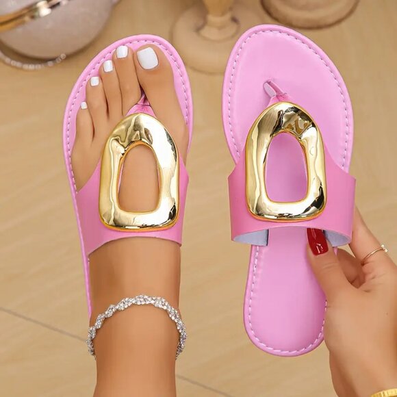 Metallic Buckle Slide Sandals – Lightweight Summer Clip Toe Flats - Picture 2 of 10